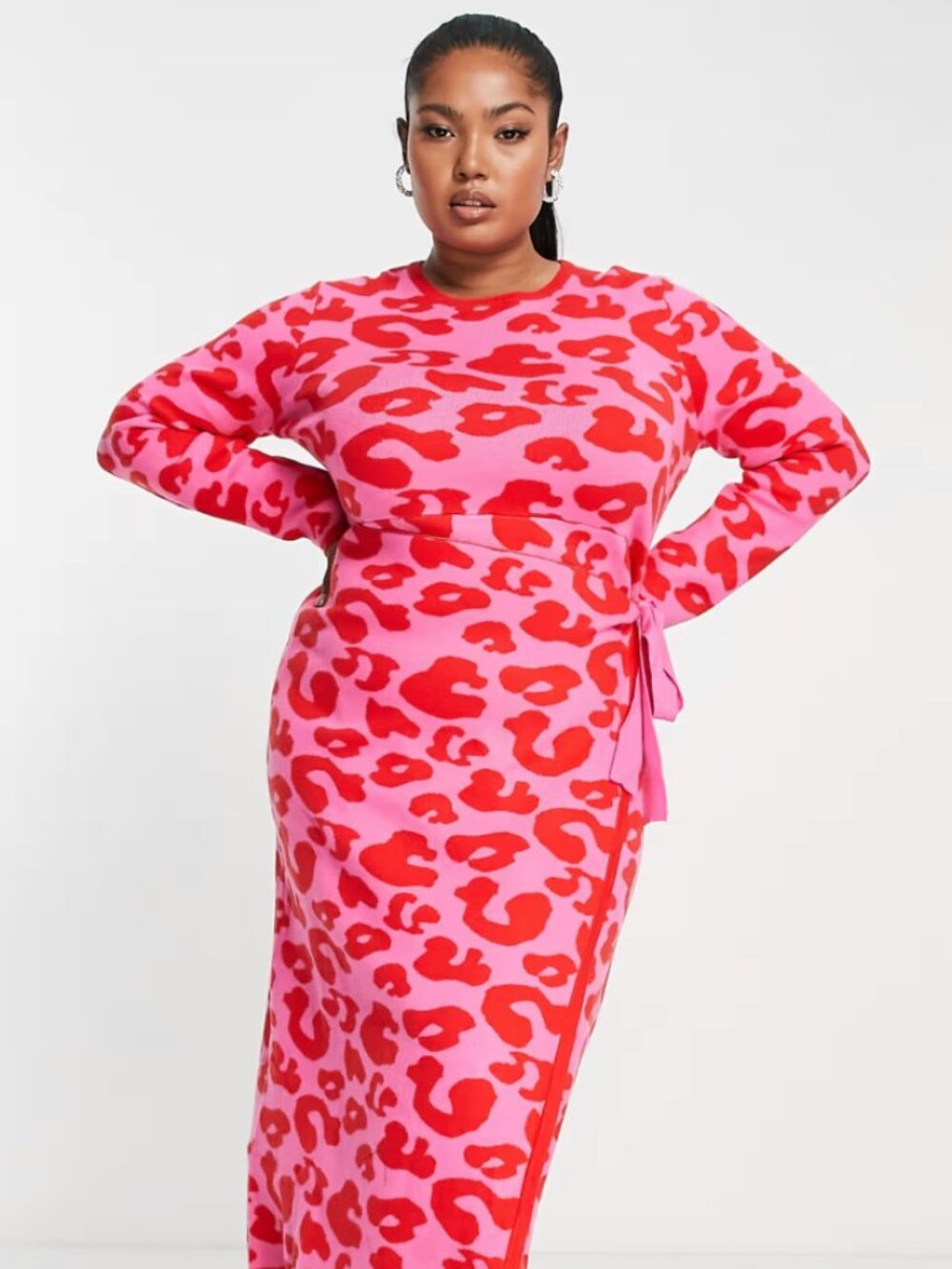 NWT Never Fully Dressed Pink Red Leopard Jacquard Knit Midi Wrap Dress Sz XL